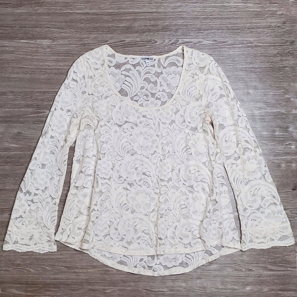 Express Sheer Lace Long Sleeve Top Cream Medium